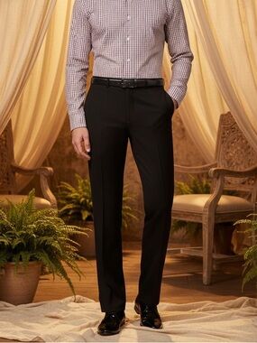 46R 40W Vinci Philosophy - Slim Fit Solid Black Flat Front Dress Pants